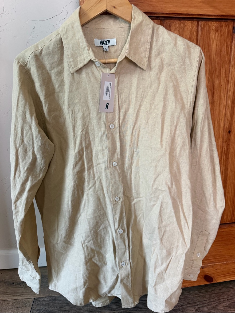 NWT Ruxen Linen Blend Button-Down Shirt | Medium | Khaki Neutral Casual